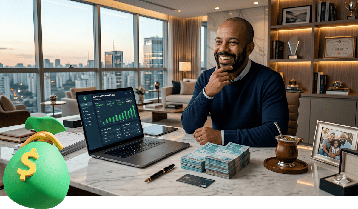 Empreendedor sorrindo com laptop e dinheiro